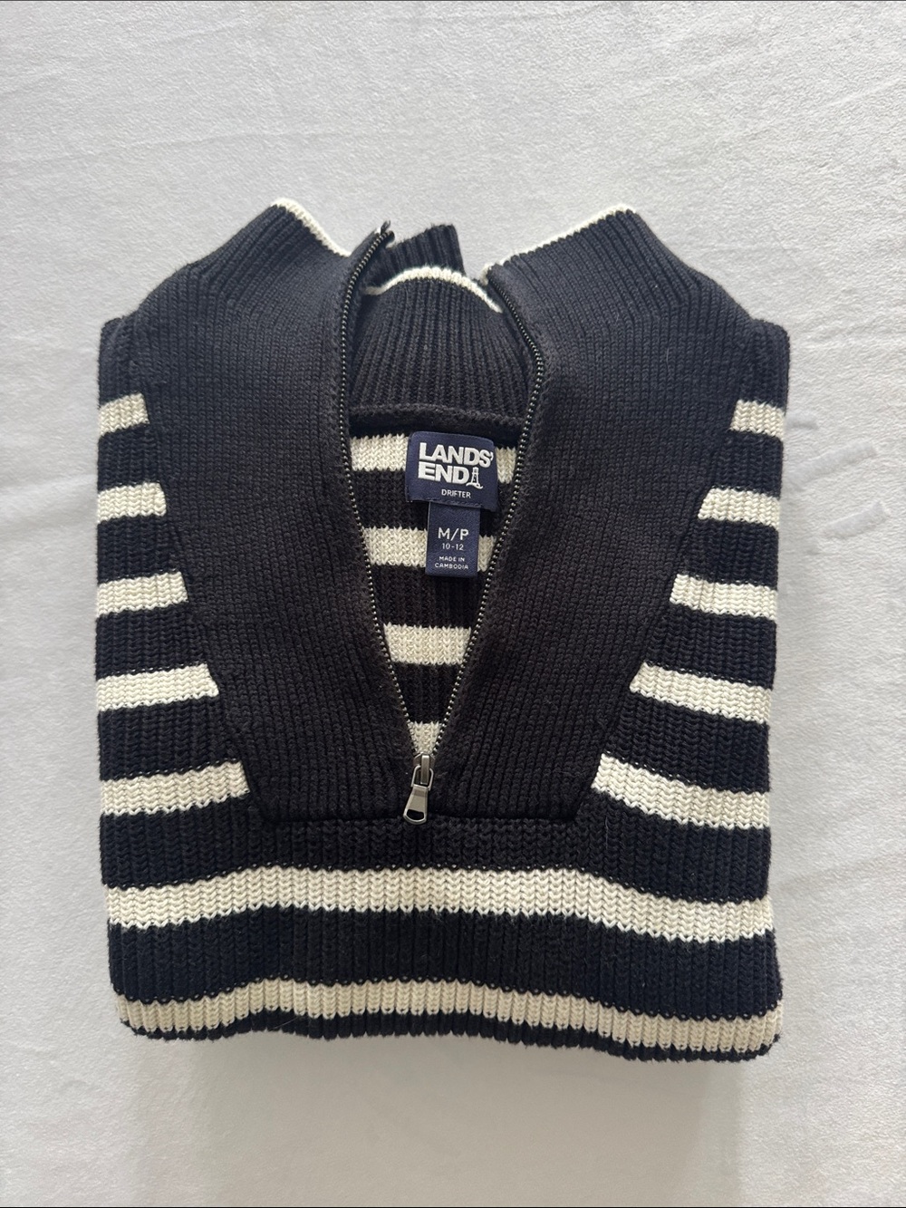 Lands' End Black and White Striped OversizedTurtleneck Sweater 100% Cotton